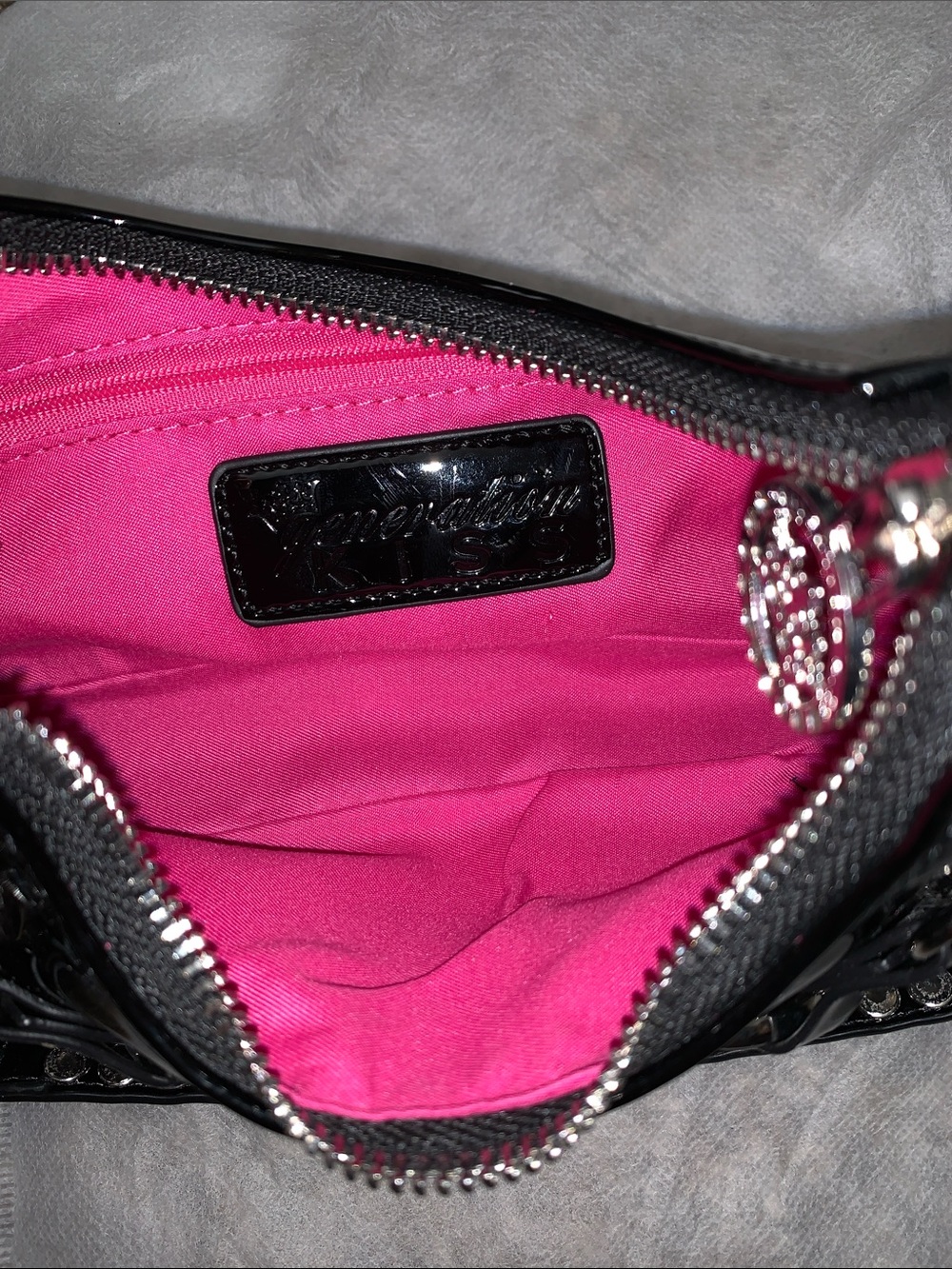 Dolls Kill Generation Kiss Black Patent Shoulder Bag with Studded Strap - Picture 5 of 8